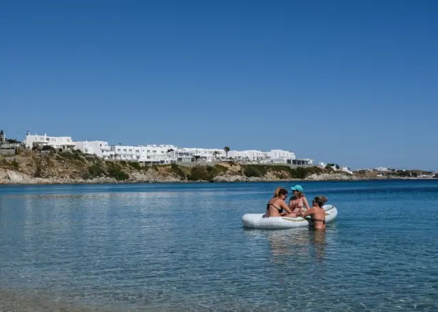 The scene at Psarou Beach in Mykonos on 24 May as lockdown restrictions are eased