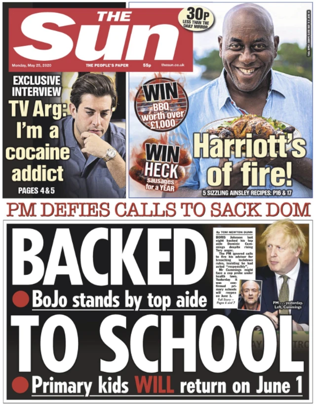 Front page of the Sun on 25 May 2020