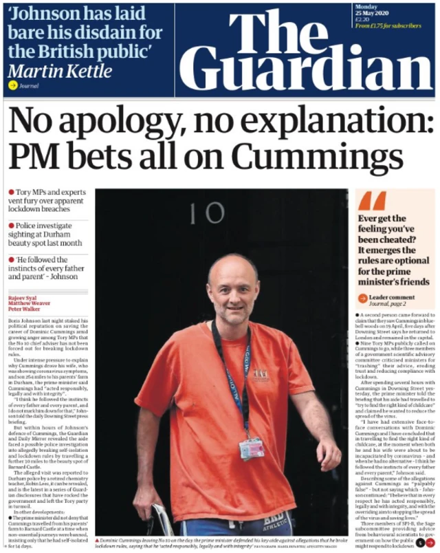 Front page of the Guardian on 25 May 2020