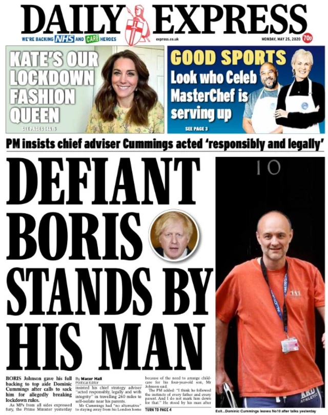 Front page of the Daily Express on 25 May 2020