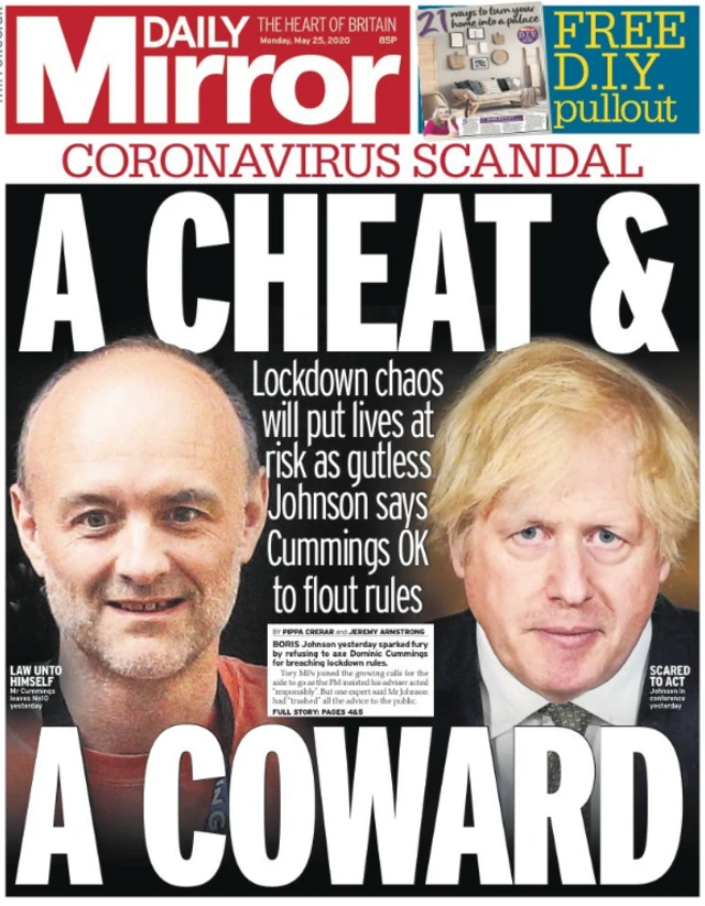 Front page of the Daily Mirror on 25 May 2020