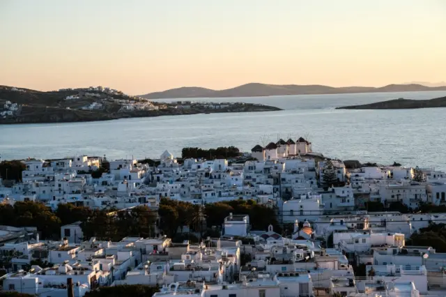 A hill overlooking downtown Mykonos in Greece