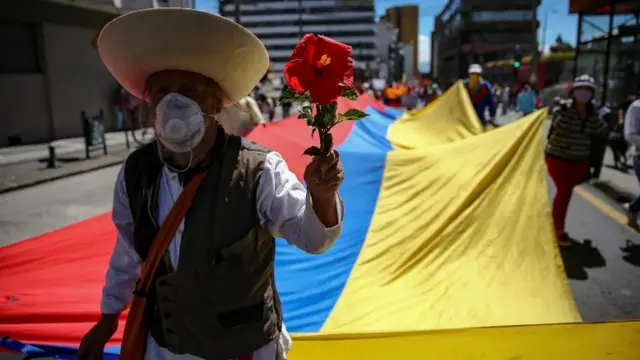 Protester with Ecuadorian flag