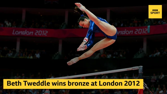 Beth Tweddle doing a bars routine with the words Beth Tweddle wins bronze at London 2012