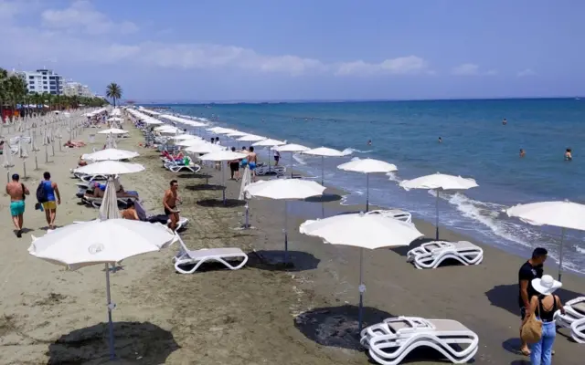 Mackenzie beach in the coastal city of Larnaca on the Mediterranean island of Cyprus, 23 May 2020