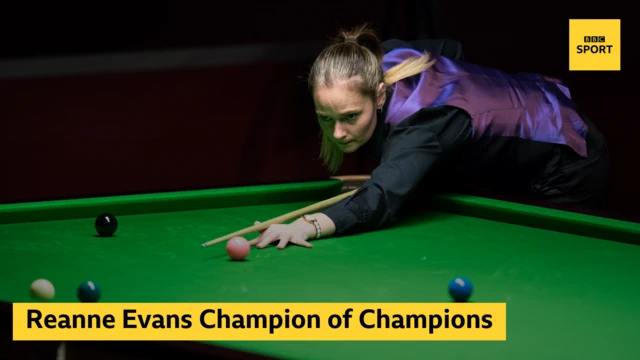 Reanne Evans playing snooker and the words Reanne Evans Champion of Champions