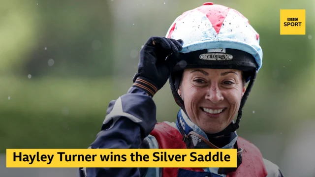 Hayley Turner celebrates with the words Hayley Turner wins the Silver Saddle