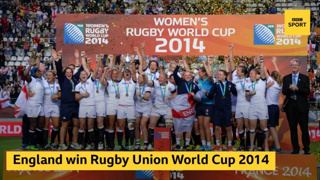 England celebrate with the world cup trophy and the words England win Rugby Union World Cup 2014