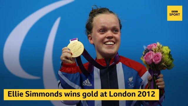 Ellie Simmonds holds up a gold medal and the words Ellie Simmonds wins gold at London 2012