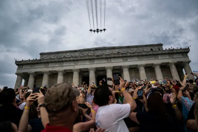 US Navy Blue Angels fly over as President Donald J. Trump participates in an Independence Day Fourth of July Celebration 'Salute to America' event in front of the Lincoln Memorial on the National Mall on Thursday, July 4th, 2019 in Washington, DC