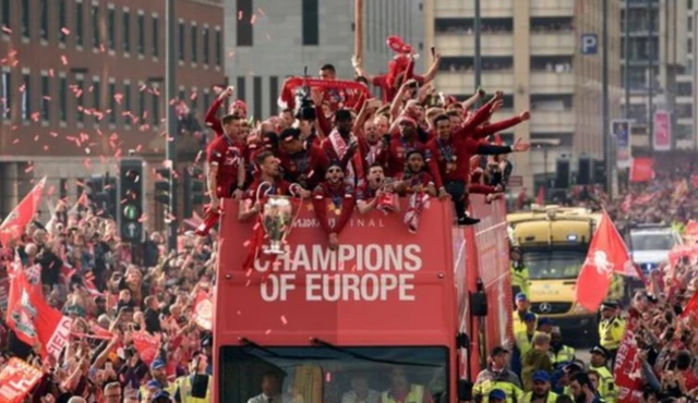 Liverpool celebrate on a bus