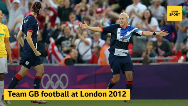 Steph Houghton celebrates with the words Team GB football at London 2012