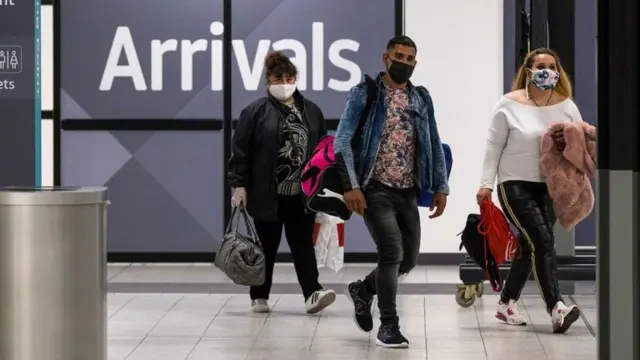 Airport arrivals, people in face masks