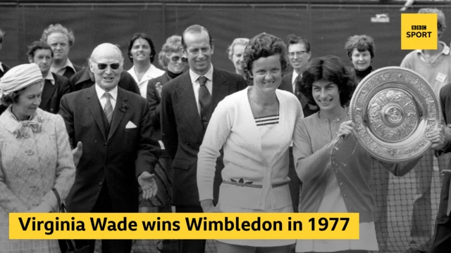 Virginia Wade holds the Wimbledon trophy with Betty Stove and the Queen and the words Virginia Wade wins Wimbledon in 1977