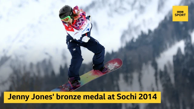 Jones mid-jump on a snowboard with the words Jenny Jones' bronze medal at Sochi 2014