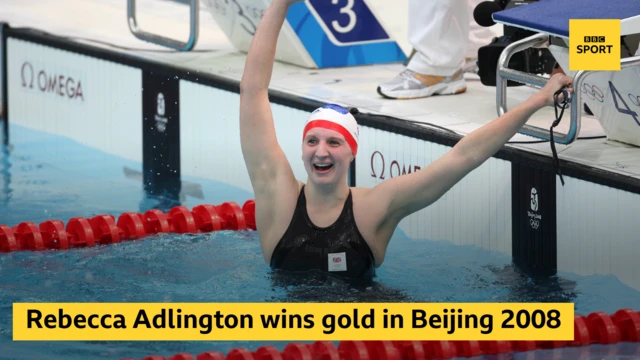 Rebecca Adlington celebrates with the words Rebecca Adlington wins gold in Beijing 2008