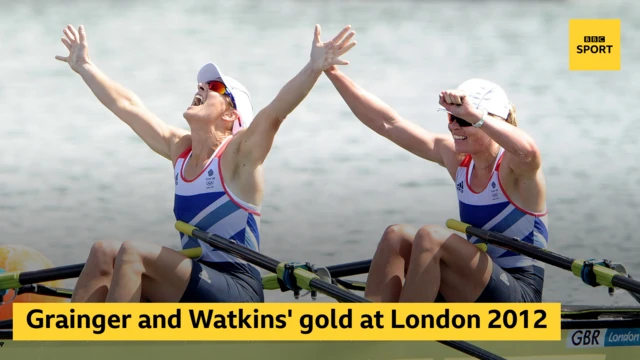 Katherine Grainger and Anna Watkins celebrate with the words Grainger and Watkins' gold at London 2012