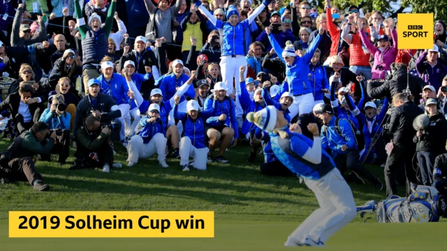 Team Europe celebrate with the words 2019 Solheim Cup win