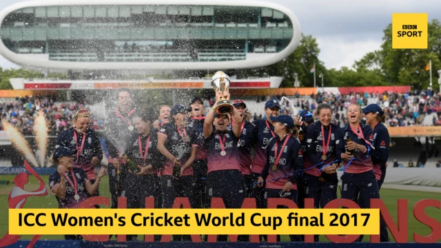 England celebrate with the Word Cup trophy and the words ICC Women's Cricket World Cup final 2017