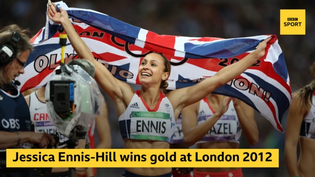 Jessica Ennis-Hill with a Union Jack and the words Jessica Ennis-Hill wins gold at London 2012