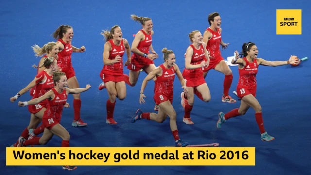 Team GB women's hockey celebrate with the words Women's hockey gold medal at Rio 2016