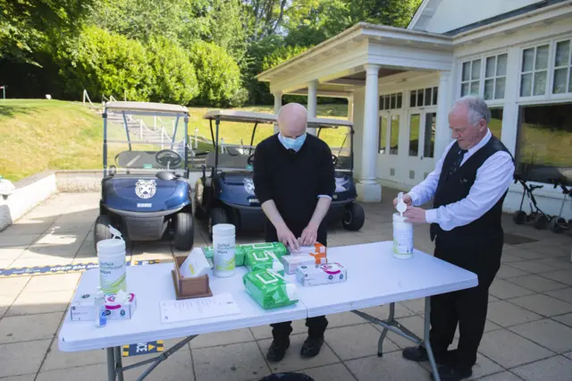 A sanitiser station at Pollok Golf Club in Glasgow