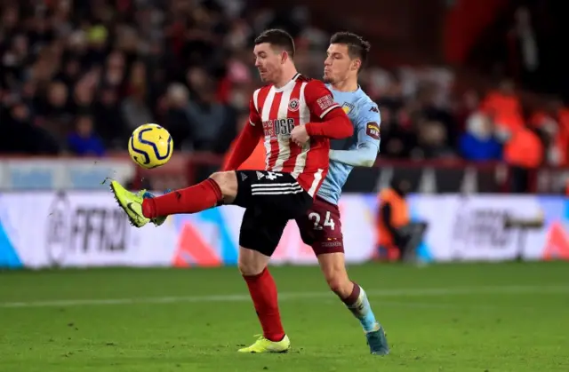 Sheffield United's John Fleck playing against Aston Villa's Frederic Guilbert