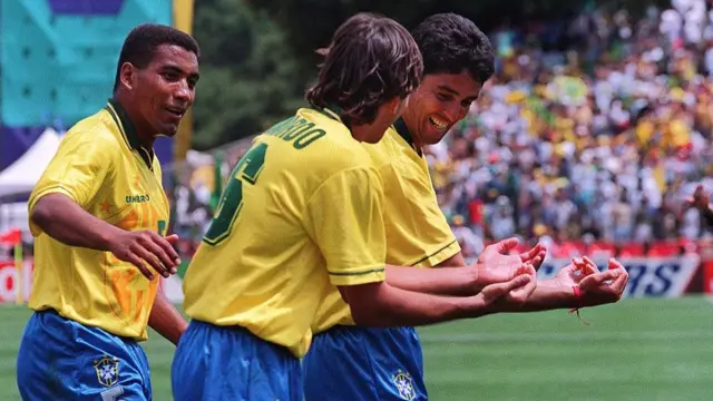 Bebeto (right) leads Brazilian celebrations at the 1994 World Cup