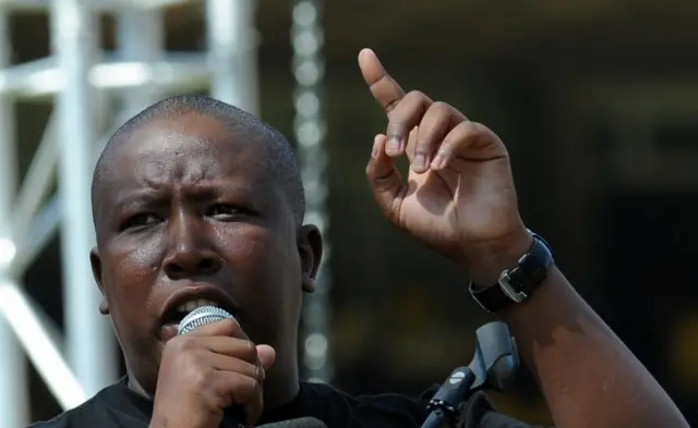 Julius Malema gestures while giving a speech