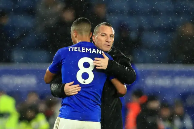 Brendan Rodgers (right) congratulates a Leicester City player