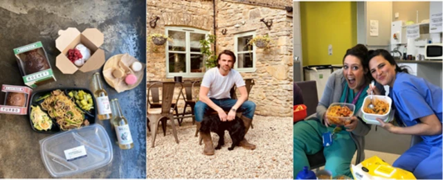 Collage including picture of meals, Oli Coles, and hospital staff with food