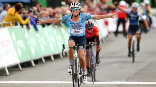 Britain's Lizzie Deignan celebrates winning a stage of the 2019 Women's Tour