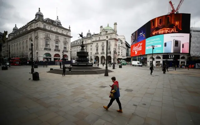 A general view in a deserted Piccadilly Circus in London on 5 May