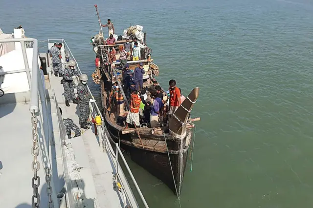 Rohingya migrants on a boat near Bangladesh