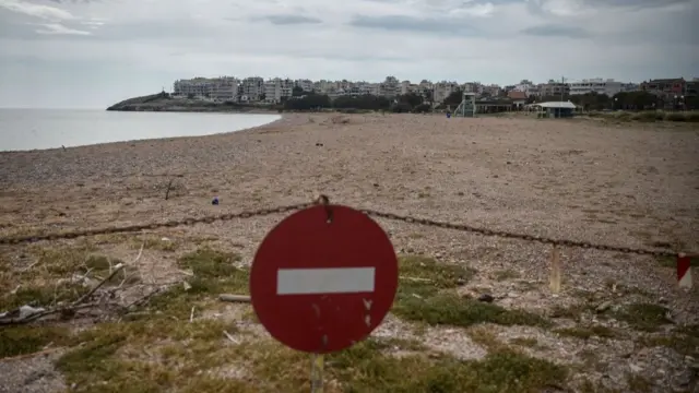 A view of a closed beach at the port town of Rafina near Athens on April 29, 2020