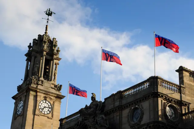 Flags marking VE Day flying above South Shields Town Hall