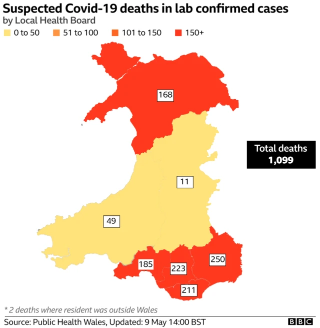 map showing Covid-19 deaths by local health board in Wales