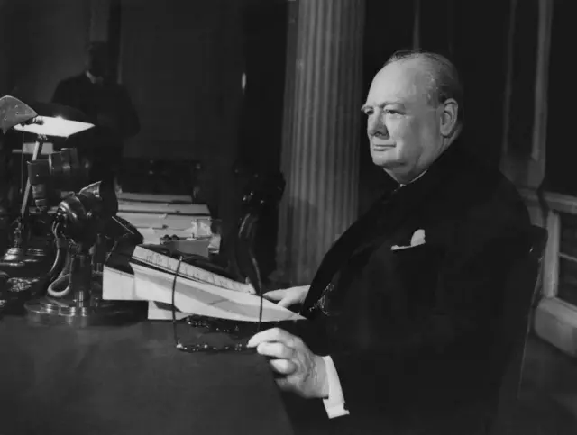 Winston Churchill about to make his speech on 8 May 1945