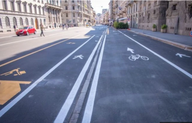 Milan has re-allocated space on their roads, with lanes for cyclists, pedestrians, and delivery vehicles