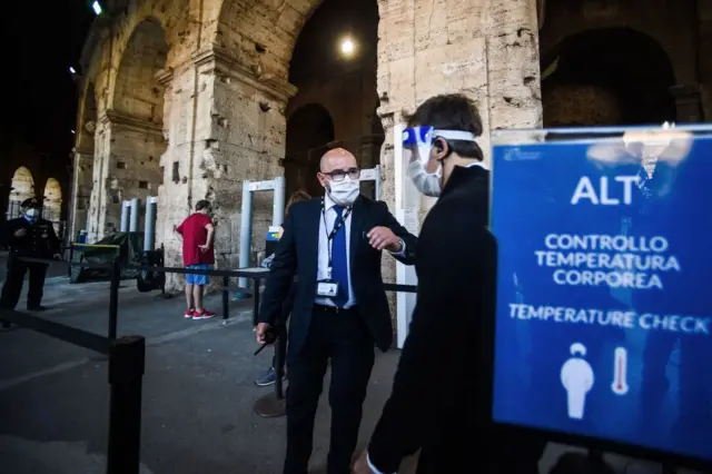 Visitors to the Colosseum must wear face masks and temperatures are checked