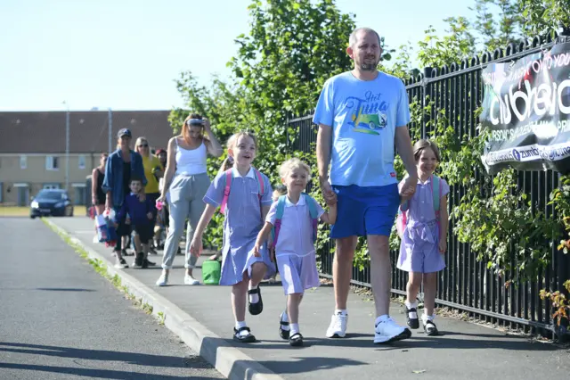 Children going to Queen's Hill Primary School, Costessey, Norfolk