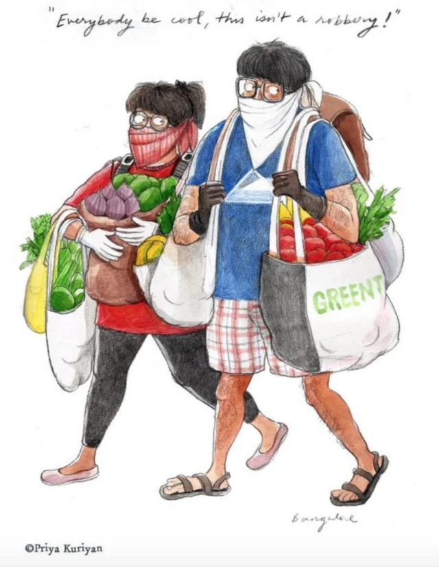 Two men in masks carrying bags full of groceries with the tagline: "Everybody be cool, this isn't a robbery!"