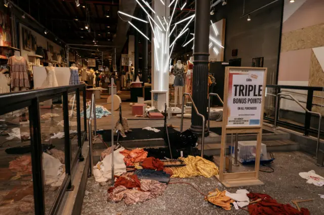 The interior of an Urban Outfitters in New York City, which was looted overnight