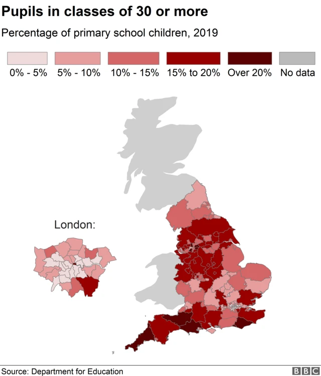 Map showing proportion of pupils in classes of 30 or more by local authority in England