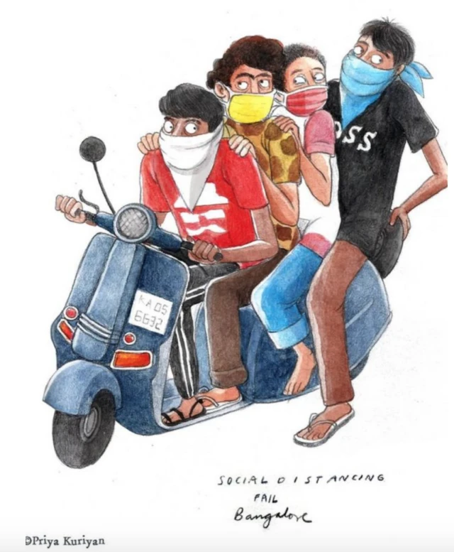 A cartoon of four people wearing masks on a single motorbike with the tagline: Social distancing fail