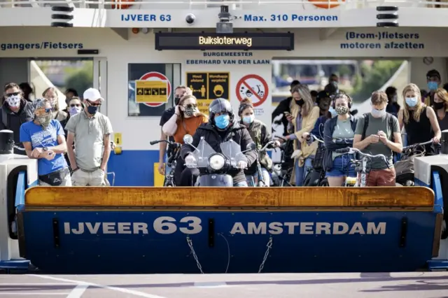 Passengers on the ferry in Amsterdam wear masks