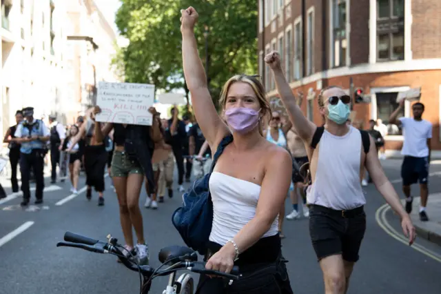 Protesters march during a 'Black Lives Matter' demonstration on June 01, 2020 in London, England