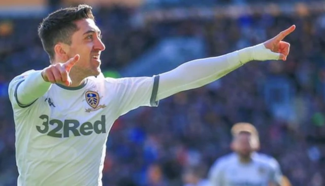 A Leeds player celebrates