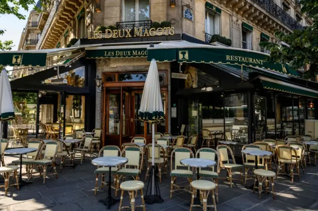 The terrace of Les Deux Magots cafe in Paris on 1 June