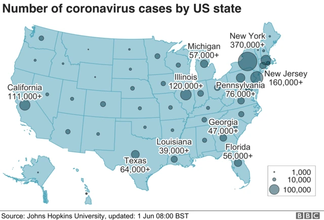 Number of coronavirus cases by US state